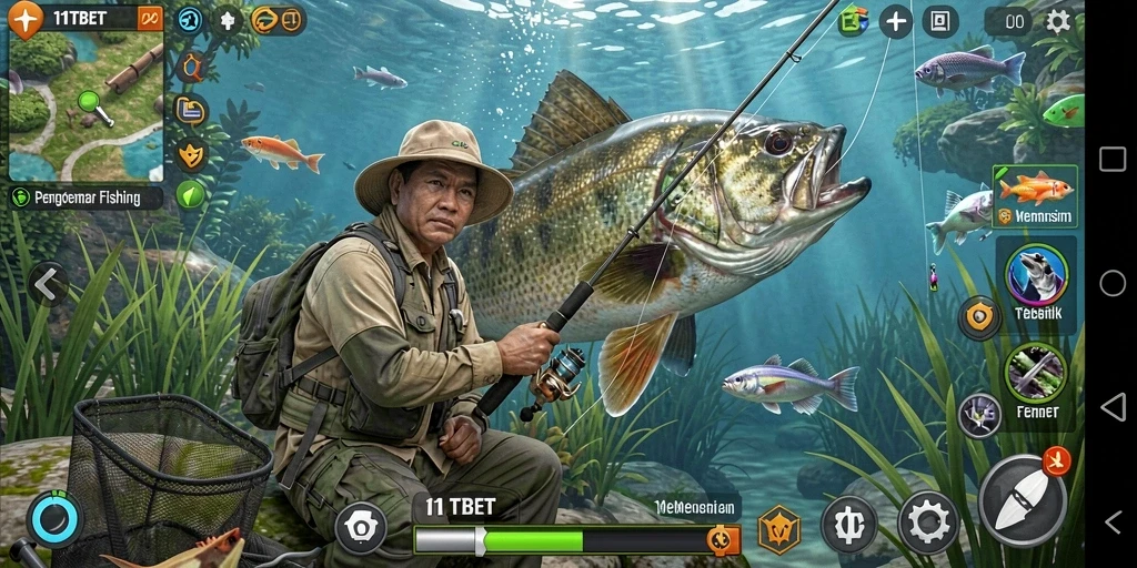 Screenshot utama 11TBET menampilkan gameplay seru dalam menangkap ikan.