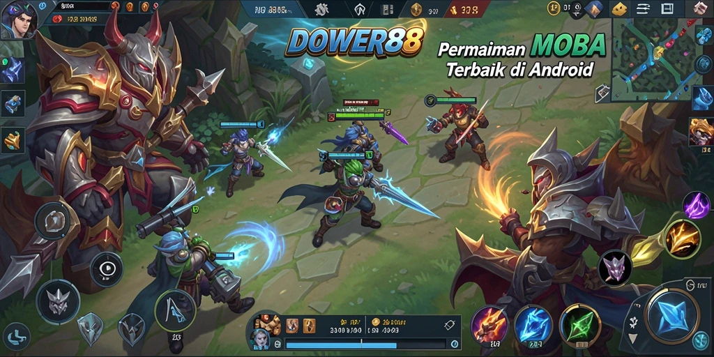Screenshot DOWER88 menunjukkan aksi intens dalam pertempuran MOBA.