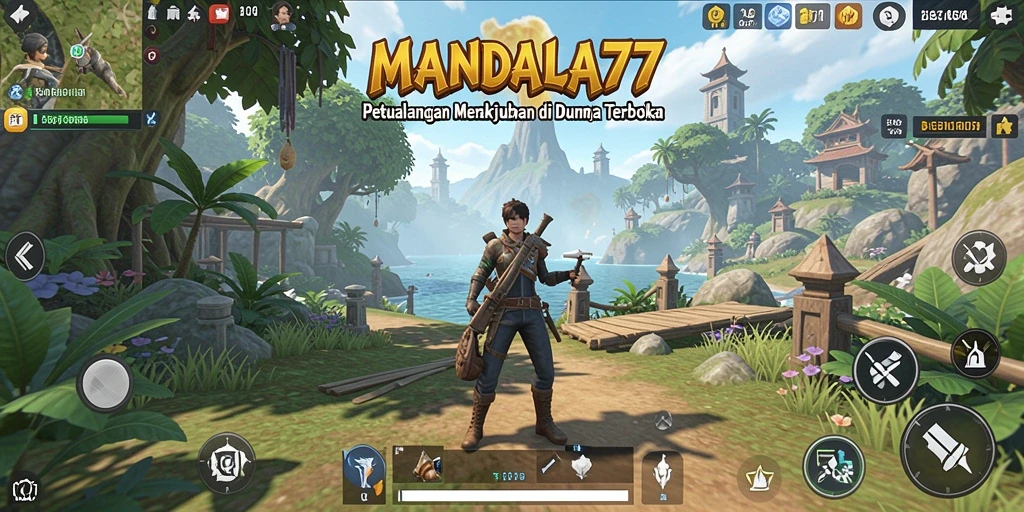 Screenshot MANDALA77 menampilkan petualangan di dunia terbuka yang luas.