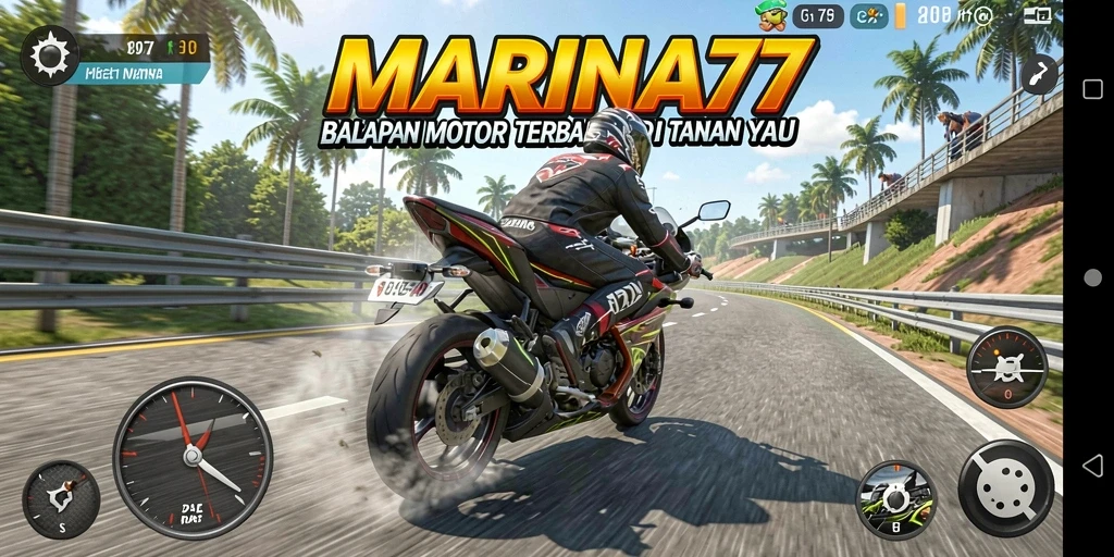 Tampilan gameplay seru di MARINA77 dengan motor balap cepat.