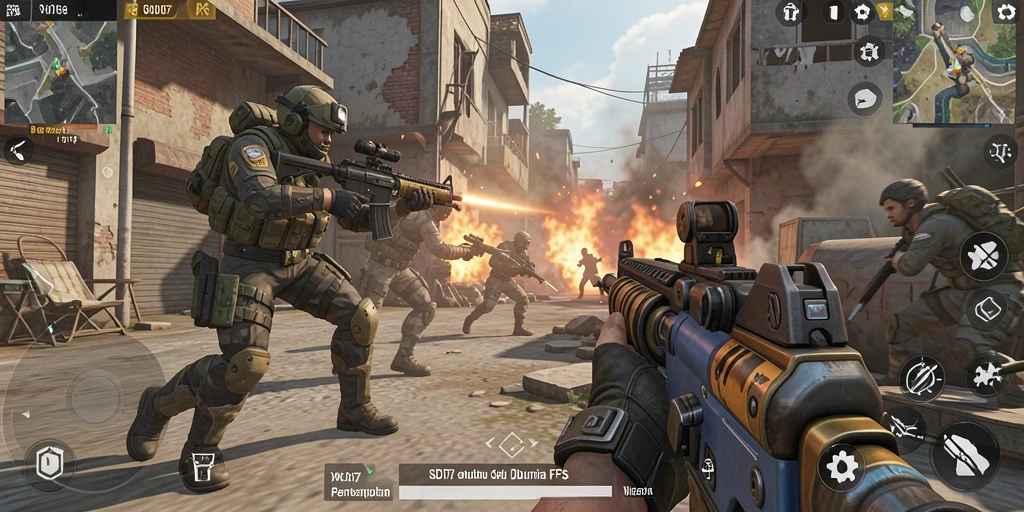 Screenshot utama SD107 menampilkan aksi seru dalam game FPS.