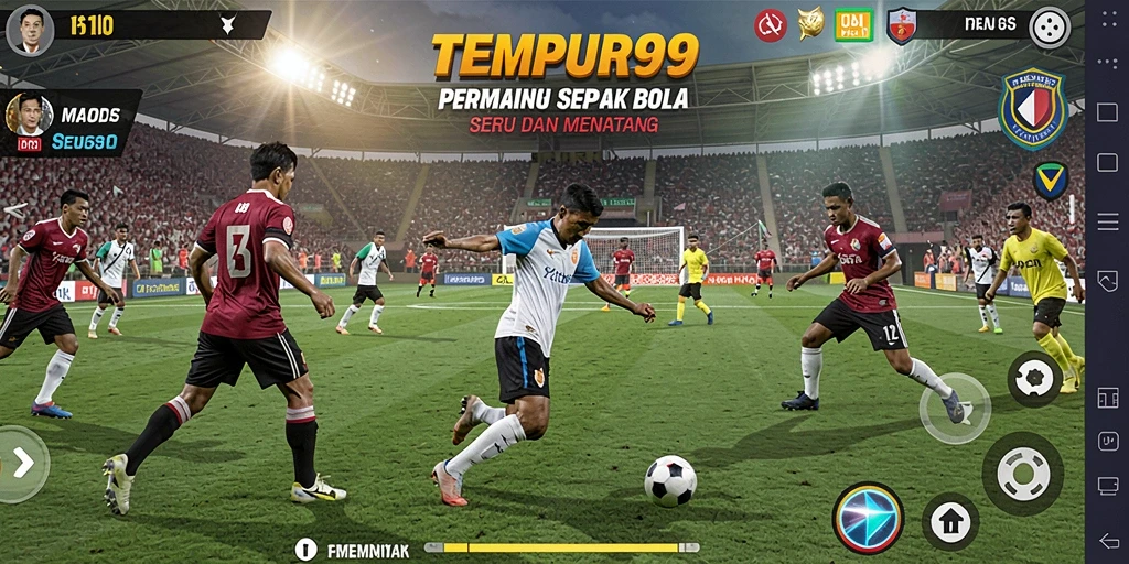 Tangkapan layar gameplay TEMPUR99 menunjukkan para pemain beraksi di lapangan sepak bola.
