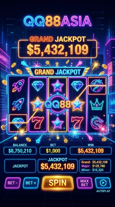 Tampilan aplikasi qq88asia dengan berbagai kategori.